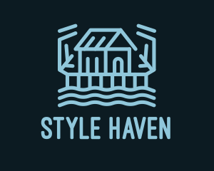Hut - Blue Monoline Riverside Cabin logo design