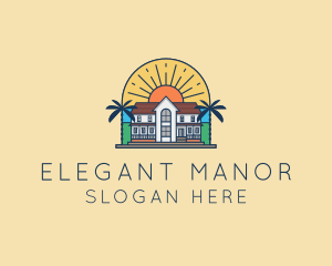 Manor - Sun Palm Tree Mansion logo design