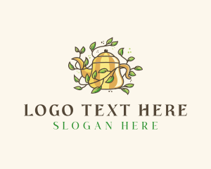 Kettle Teapot Tea Leaves logo design