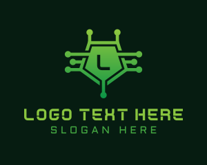 Microchip - Green Pentagon Circuit Lettermark logo design