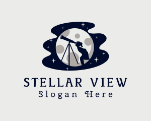 Stargazing - Moon Telescope Girl logo design