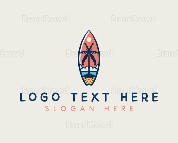 Surfboard Palm Tree Beach Logo