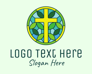 Sunday Mass - Herbal Cross Stained Glass logo design