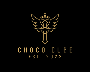 Chruch - Golden Crown Crucifix Wings logo design