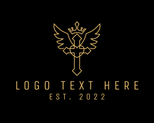 Christianity - Golden Crown Crucifix Wings logo design