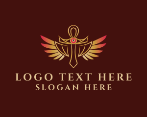 Hieroglyph - Gold Ankh Eye Wings logo design