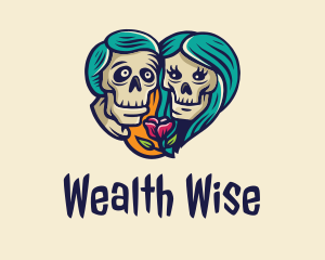 Wedding Anniversary - Skeleton Skull Lovers Heart logo design