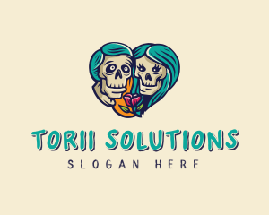 Skeleton Skull Lovers Heart logo design