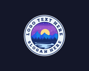 Skiing - Night Moon Mountain River logo design
