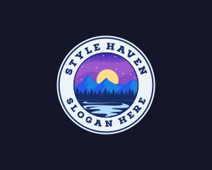 Skiing - Night Moon Mountain River logo design