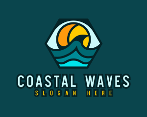 Hexagon Surfing Beach Wave logo design