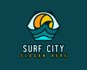 Hexagon Surfing Beach Wave logo design