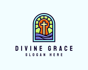 Church Crucifix Stained Glass logo design