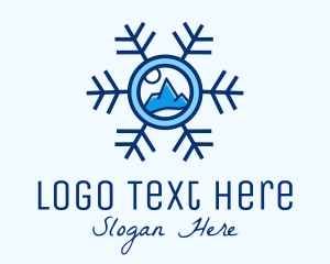 Blue - Snowflake Winter Mountain Scene logo design