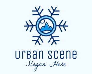 Scene - Snowflake Winter Mountain Scene logo design