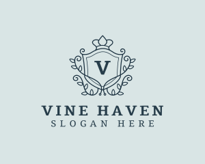 Shield Crown Vine Crest logo design