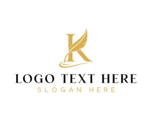 Letter K - Feather Quill Writer Letter K logo design