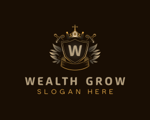 Shield Crown Sword Weaponry logo design