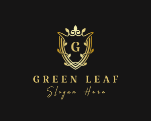 Golden Crown Shield Leaf logo design