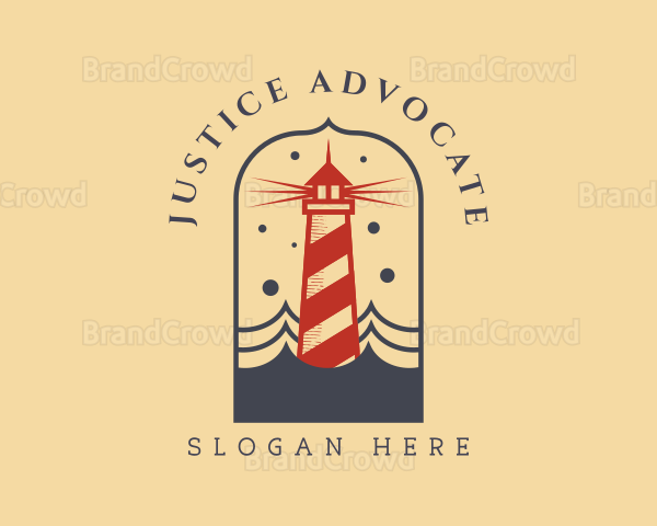 Ocean Wave Red Lighthouse Logo