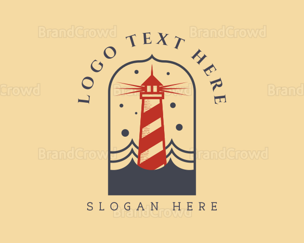 Ocean Wave Red Lighthouse Logo