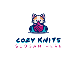 Cat Yarn Knitting logo design