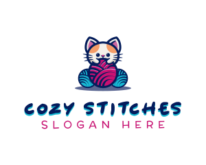 Cat Yarn Knitting logo design