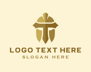 Mask - Gold Spartan Helmet Letter T logo design