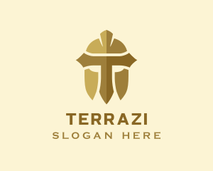 Gold Spartan Helmet Letter T logo design