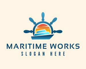 Yacht Steering Wheel Sunset logo design