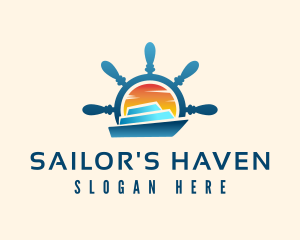 Yacht Steering Wheel Sunset logo design