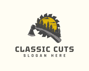 Axe Pine Tree Wood Cutting logo design