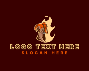 Modern - Flaming Ninja Sword Girl logo design