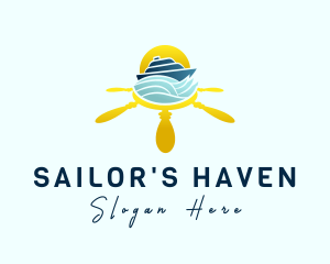 Yacht Steering Wheel Sunset logo design