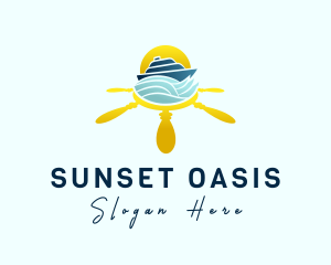 Yacht Steering Wheel Sunset logo design