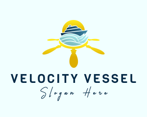 Yacht Steering Wheel Sunset logo design