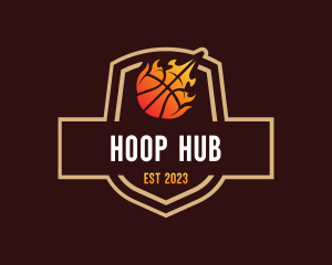 Hoop - Flaming Basketball Shield logo design