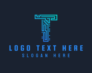 Typography - Blue Circuit Network Letter T logo design