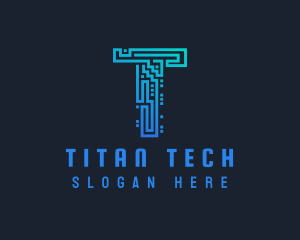 Blue Circuit Network Letter T  logo design