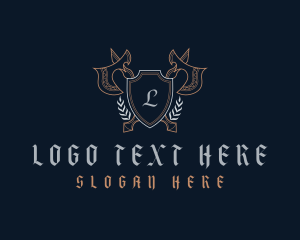 Vintage - Medieval Axe Shield Wreath logo design