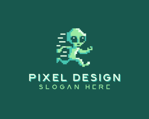 Pixelated Running Alien logo design