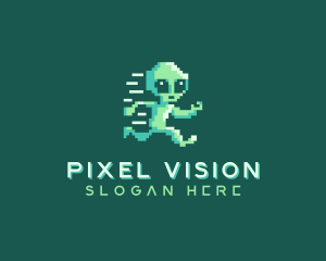 Pixelated Running Alien logo design