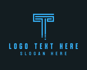 Play - Blue Techno Pillar Letter T logo design
