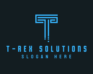 Blue Techno Pillar Letter T  logo design