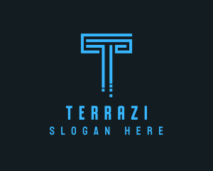 Blue Techno Pillar Letter T  logo design