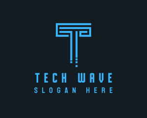 Blue Techno Pillar Letter T  logo design