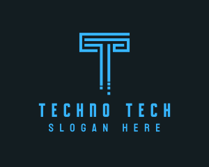 Techno - Blue Techno Pillar Letter T logo design