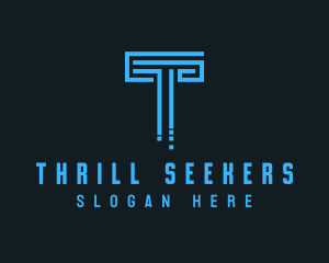 Blue Techno Pillar Letter T  logo design