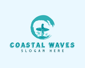 Woman Surfing Waves logo design