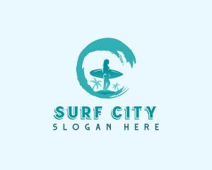 Woman Surfing Waves logo design